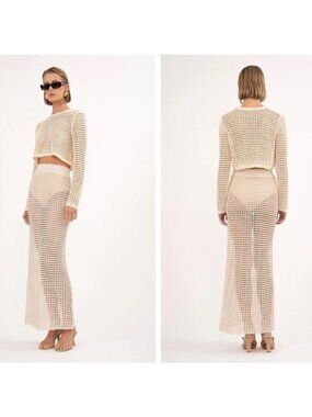 Nonchalant Label Brianna Maxi Skirt & Jovi Crop Top Set Open Knit Beige XL NWT